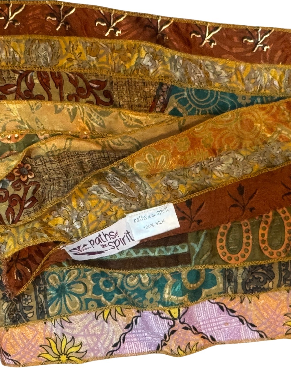 Paths of the Spirit Multicolor Patchwork 100% Silk Scarf - Gold & Teal Accents